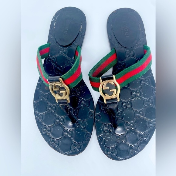 Gucci Black Leather GG Lifford  T strap Web thong sandals EU 37 - Picture 1 of 10